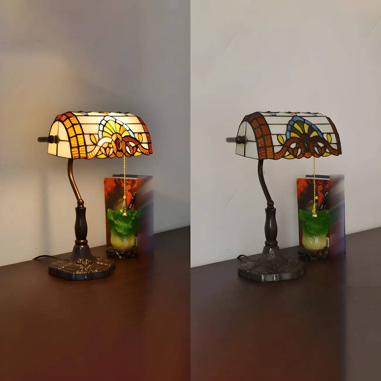 Retro Stained Glass LED Banker Table Lamp in Pull Chain Image - 2 | homeyfad