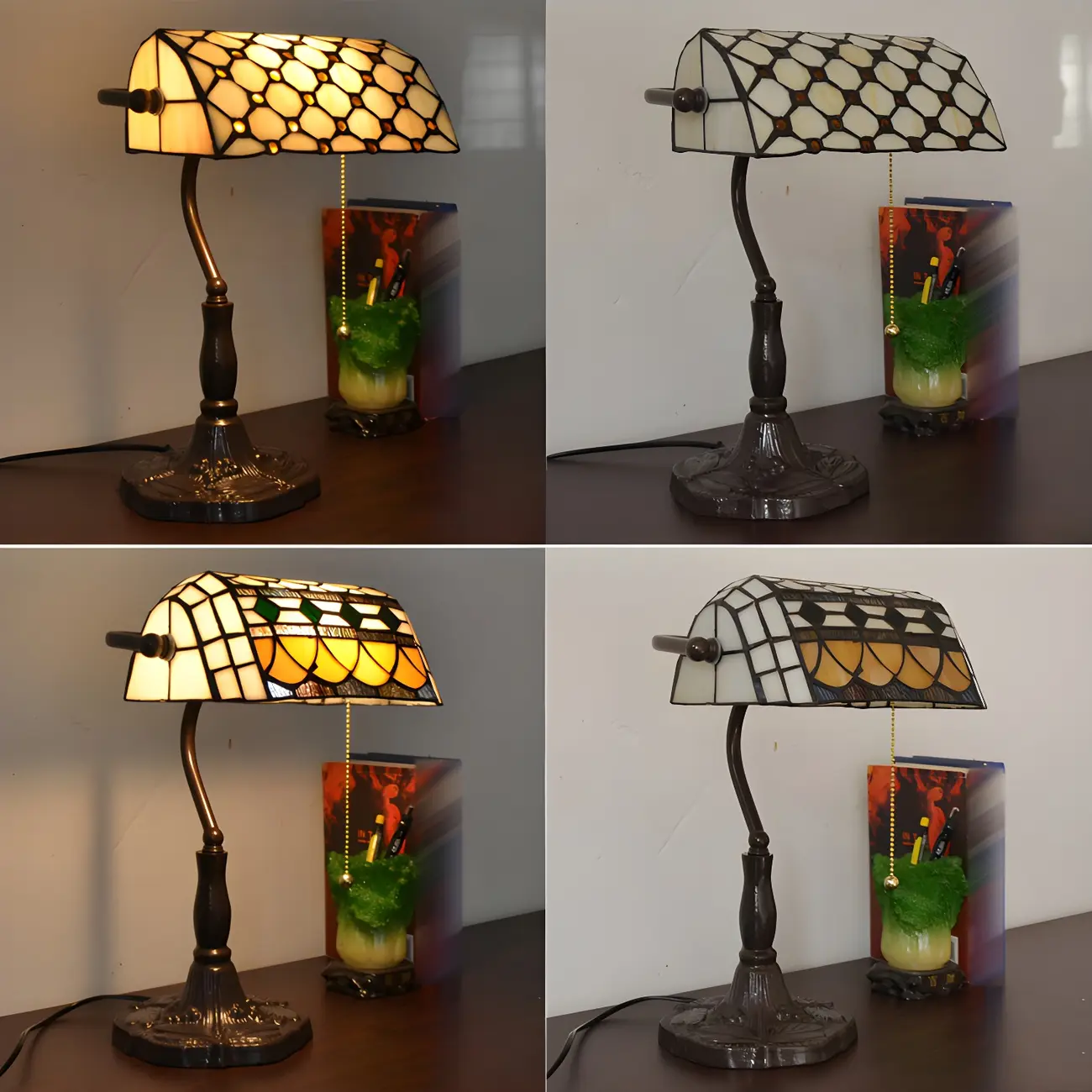Retro Stained Glass LED Banker Table Lamp in Pull Chain Image - 11 | homeyfad