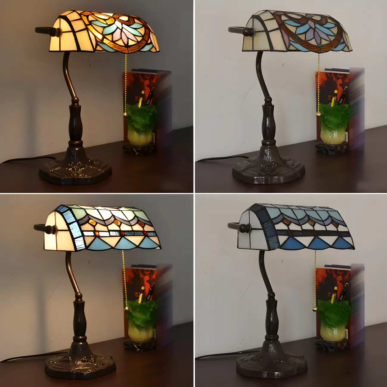 Retro Stained Glass LED Banker Table Lamp in Pull Chain Image - 3 | homeyfad