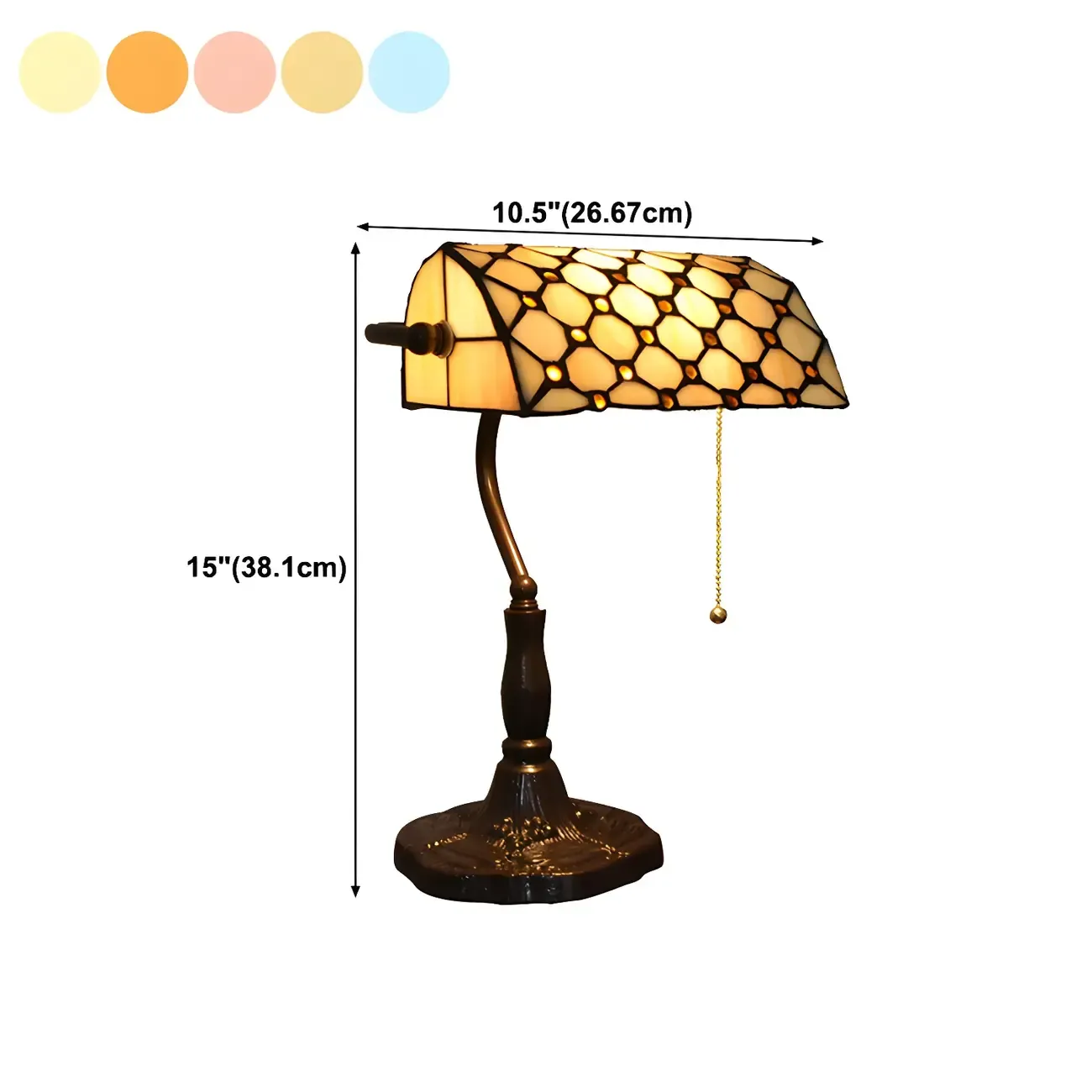 Retro Stained Glass LED Banker Table Lamp in Pull Chain #size