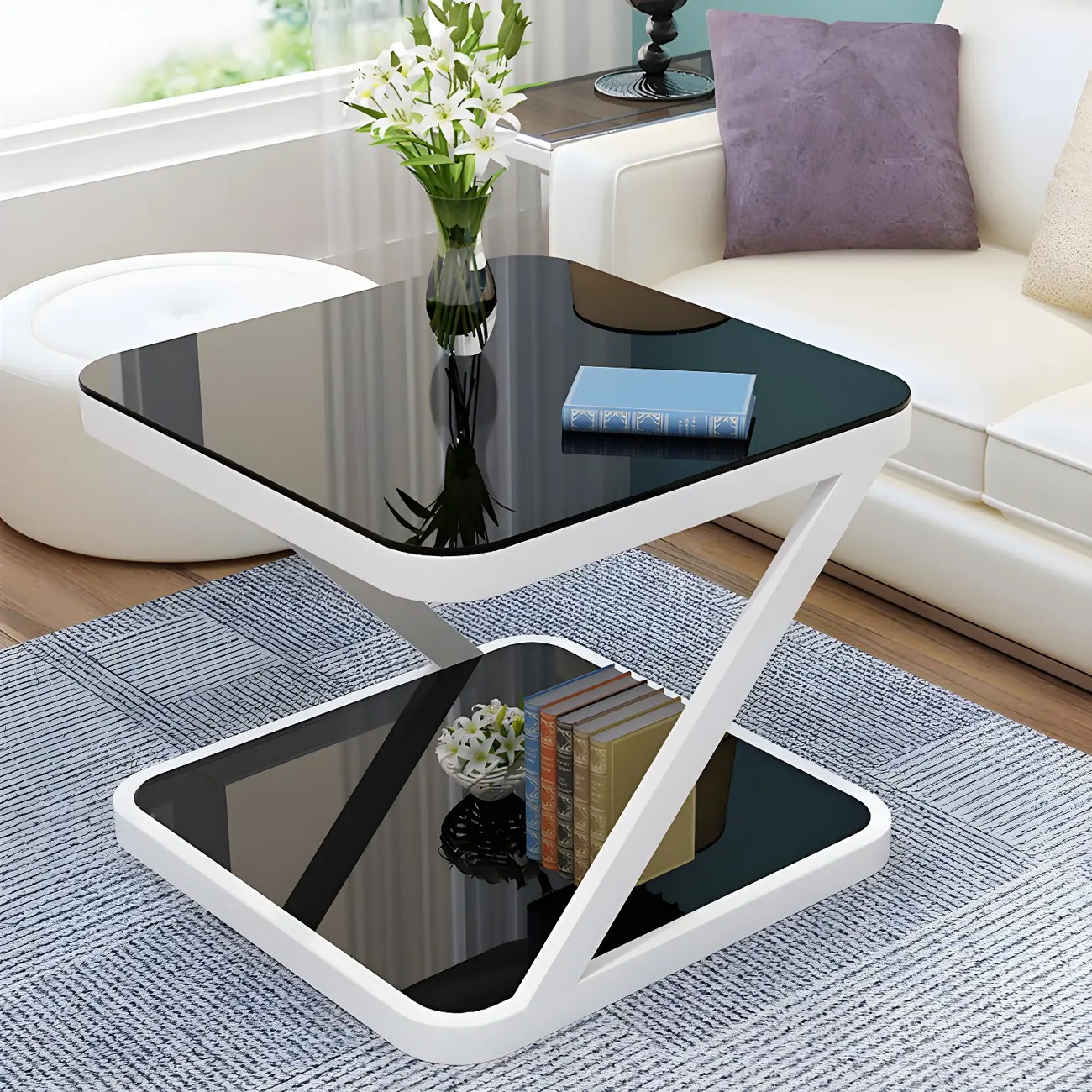 2-Tier Black Glass End Table with Storage for Living Room Image - 9 | homeyfad