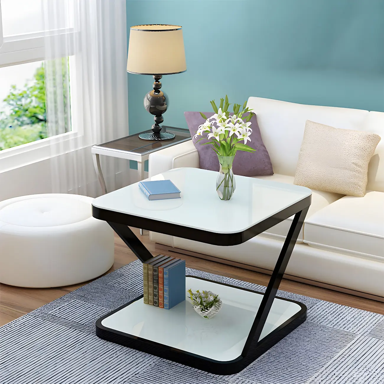 2-Tier Black Glass End Table with Storage for Living Room Image - 2 | homeyfad