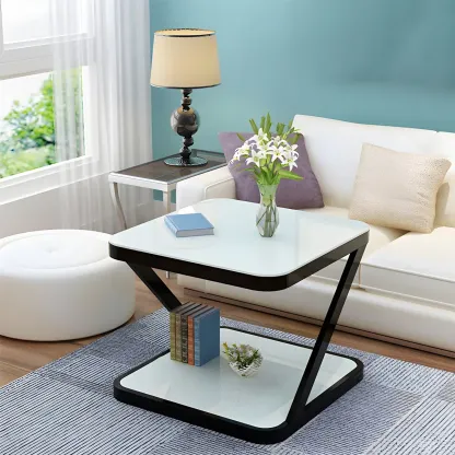 2-Tier Black Glass End Table with Storage for Living Room Image - 2