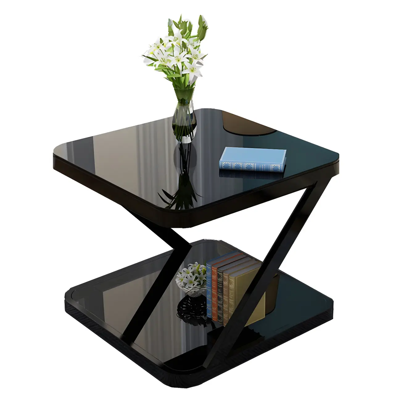 2-Tier Black Glass End Table with Storage for Living Room Image - 5 | homeyfad