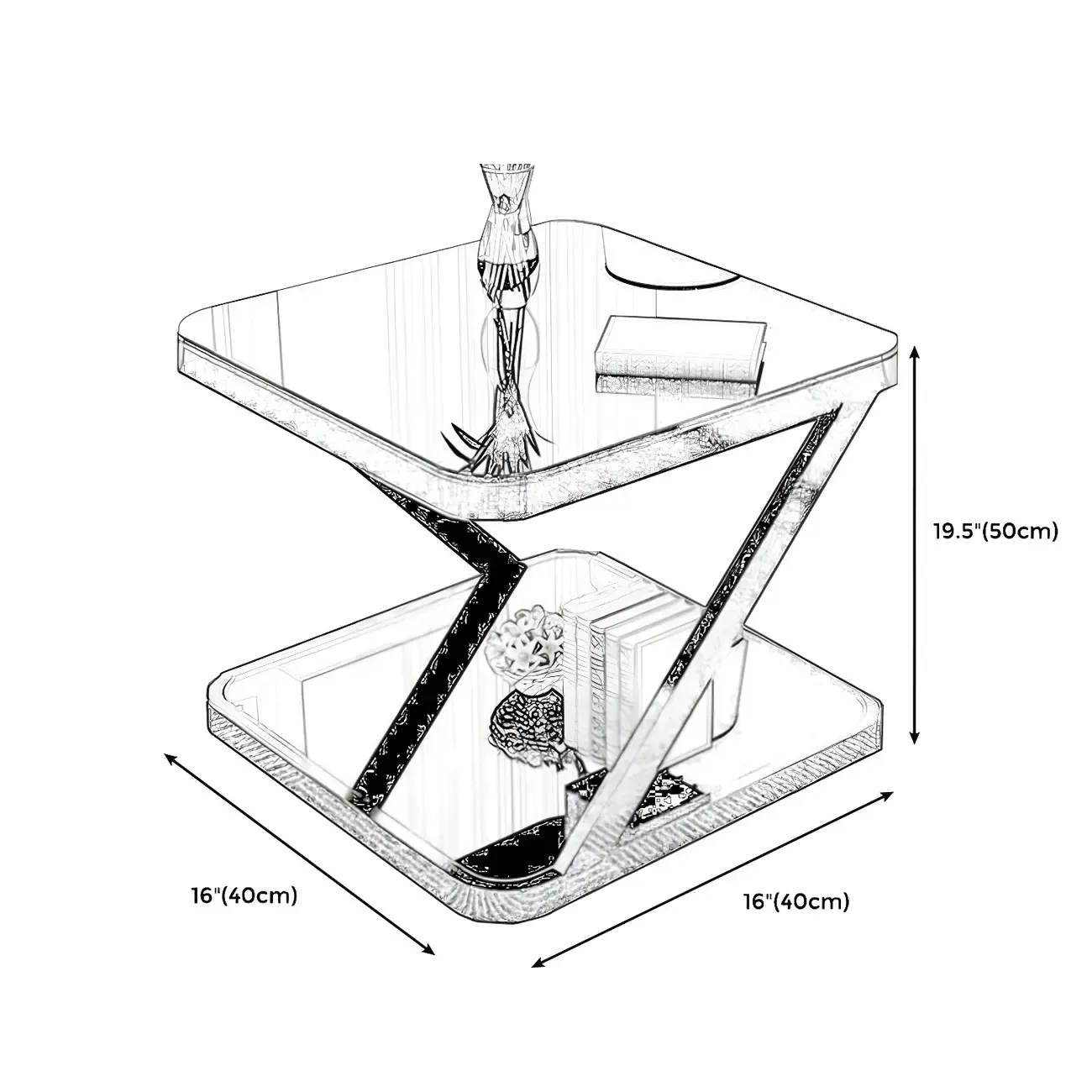 2-Tier Black Glass End Table with Storage for Living Room #size