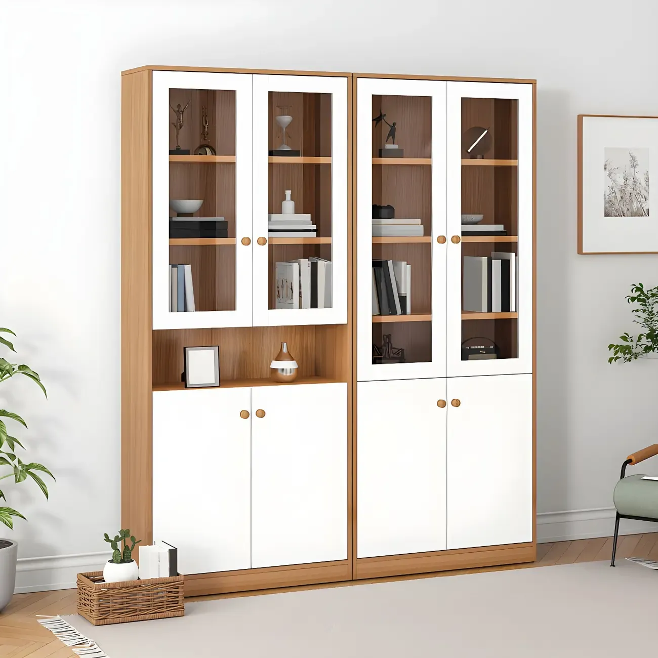 Sleek Wood Glass Door Bookcase with Adjustable Shelves Image - 1