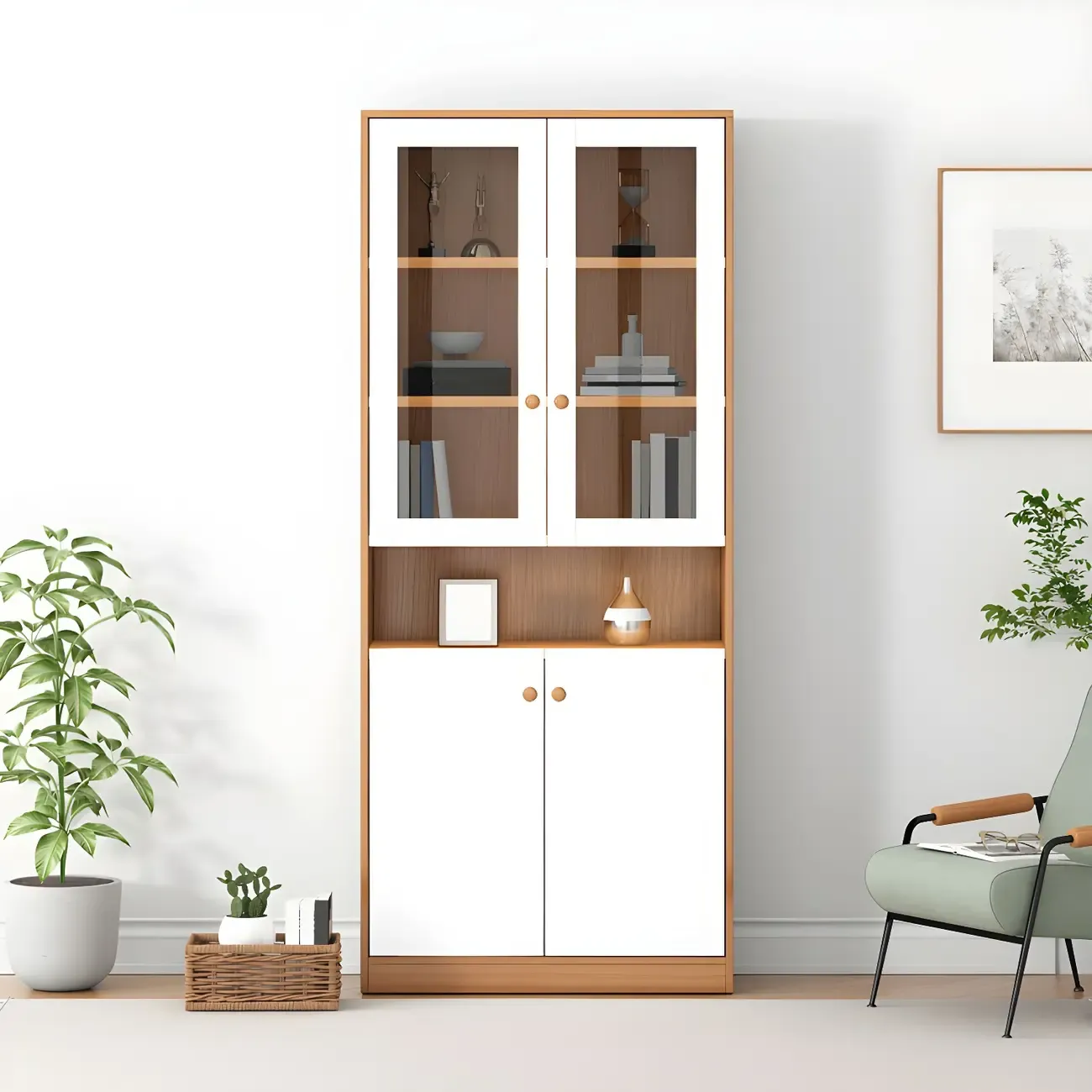 Sleek Wood Glass Door Bookcase with Adjustable Shelves Image - 5
