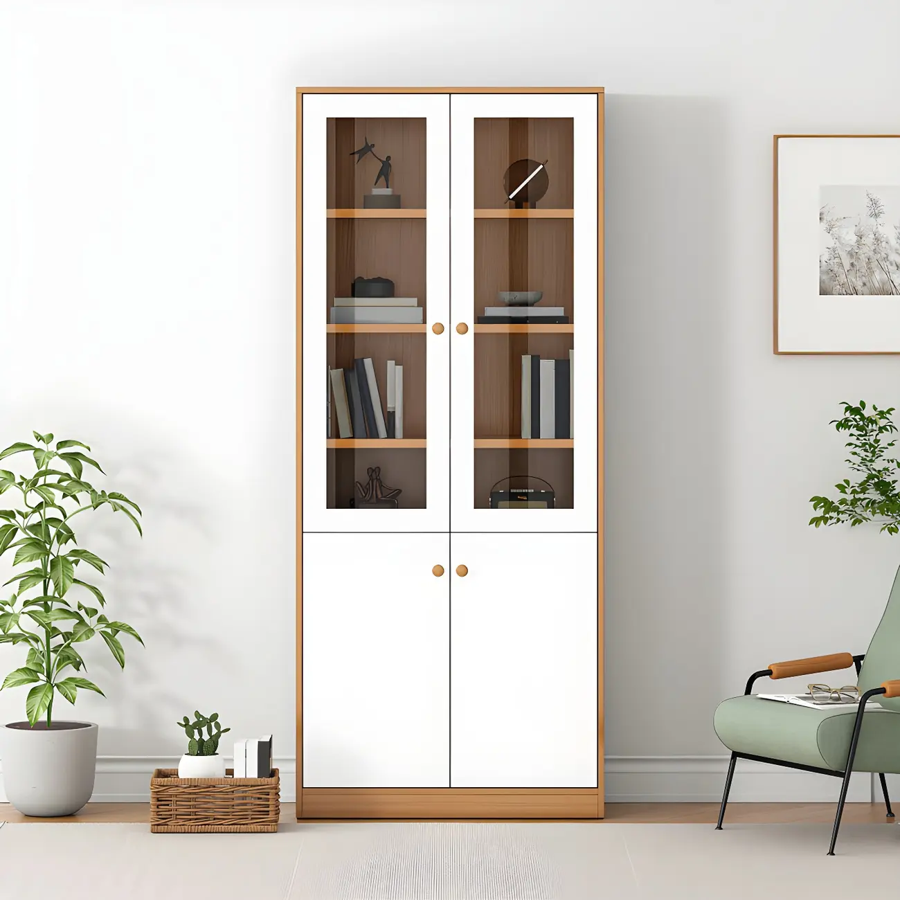 Sleek Wood Glass Door Bookcase with Adjustable Shelves Image - 6 | homeyfad
