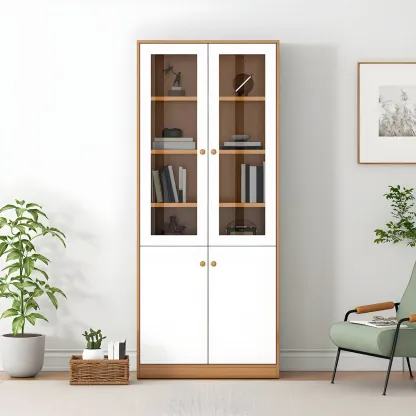Sleek Wood Glass Door Bookcase with Adjustable Shelves Image - 6
