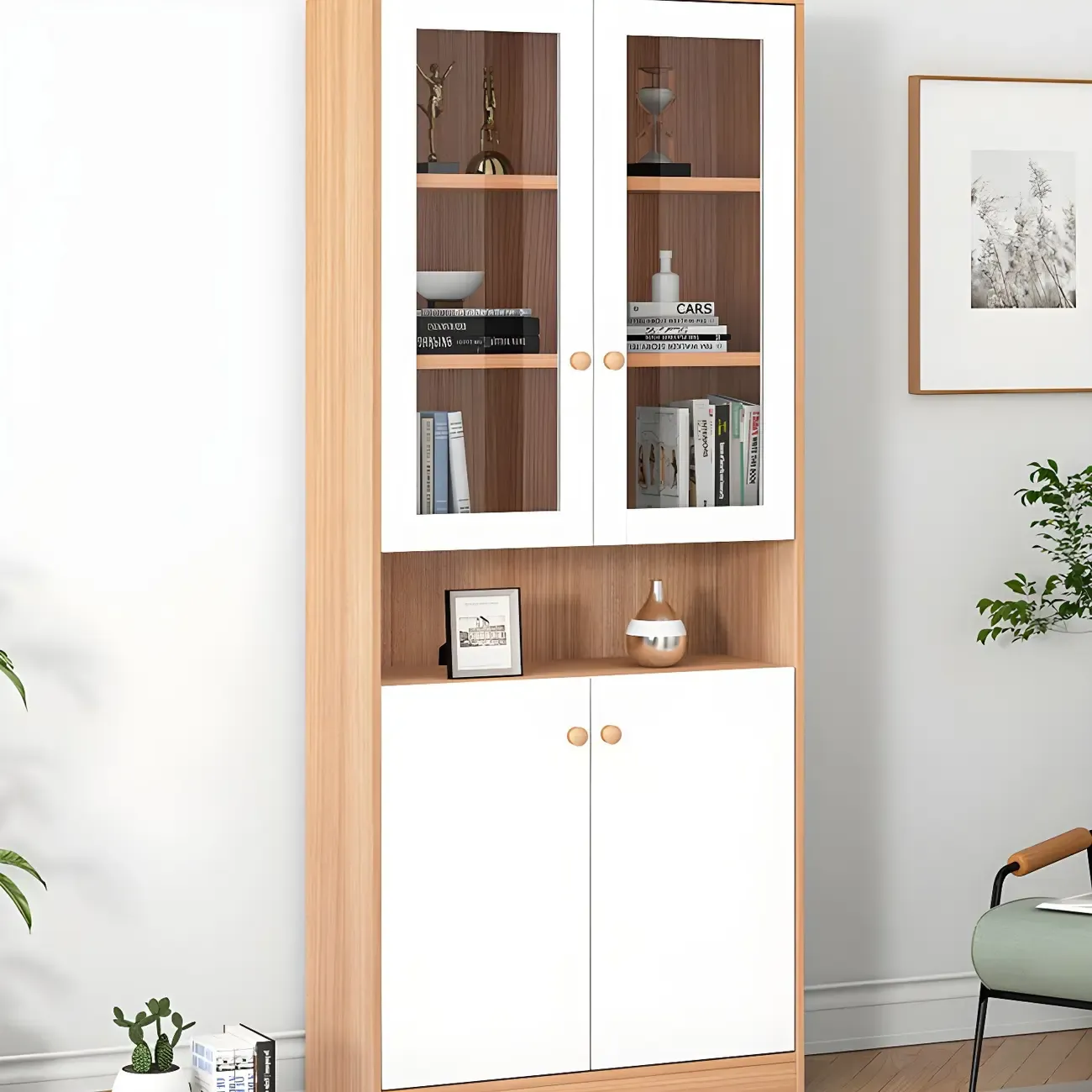 Sleek Wood Glass Door Bookcase with Adjustable Shelves Image - 9