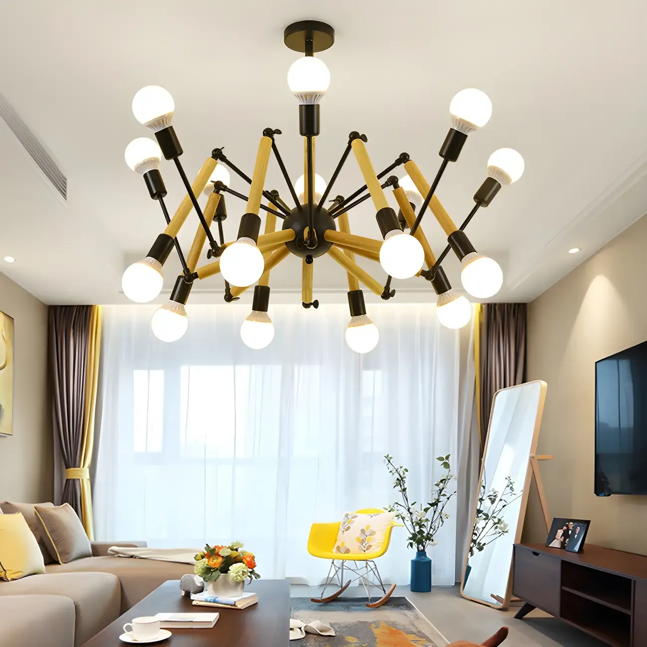 Wooden Geometric Modern Chandelier with LED Bulbs Image - 7