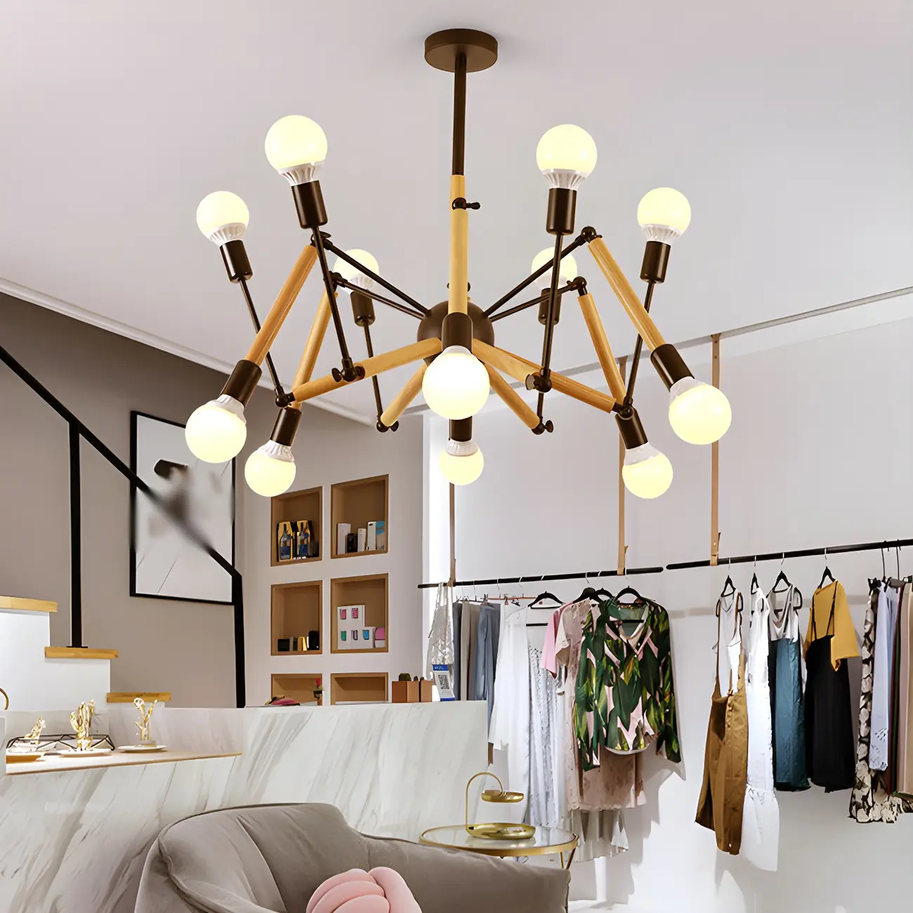 Wooden Geometric Modern Chandelier with LED Bulbs Image - 5 | homeyfad