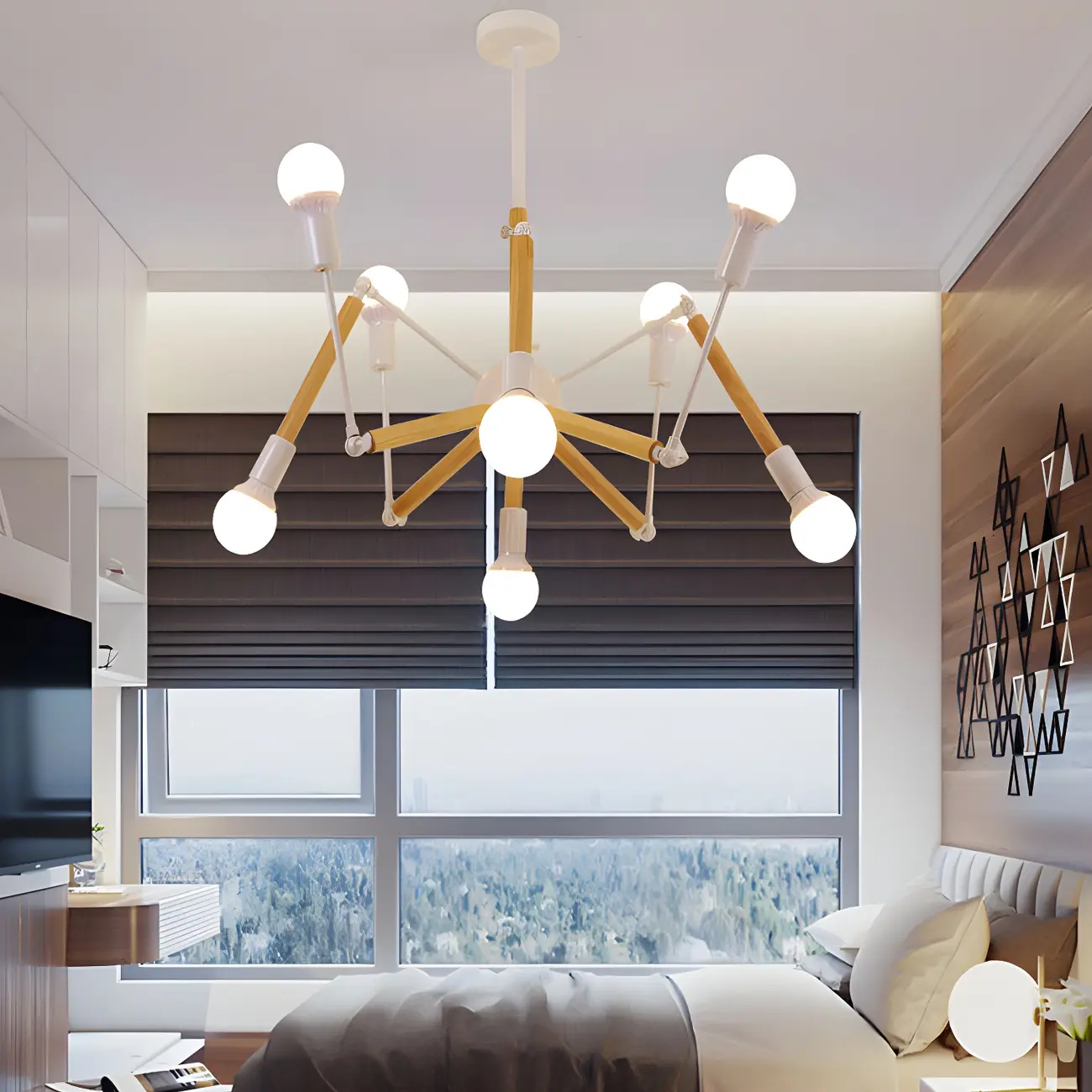 Wooden Geometric Modern Chandelier with LED Bulbs Image - 3 | homeyfad
