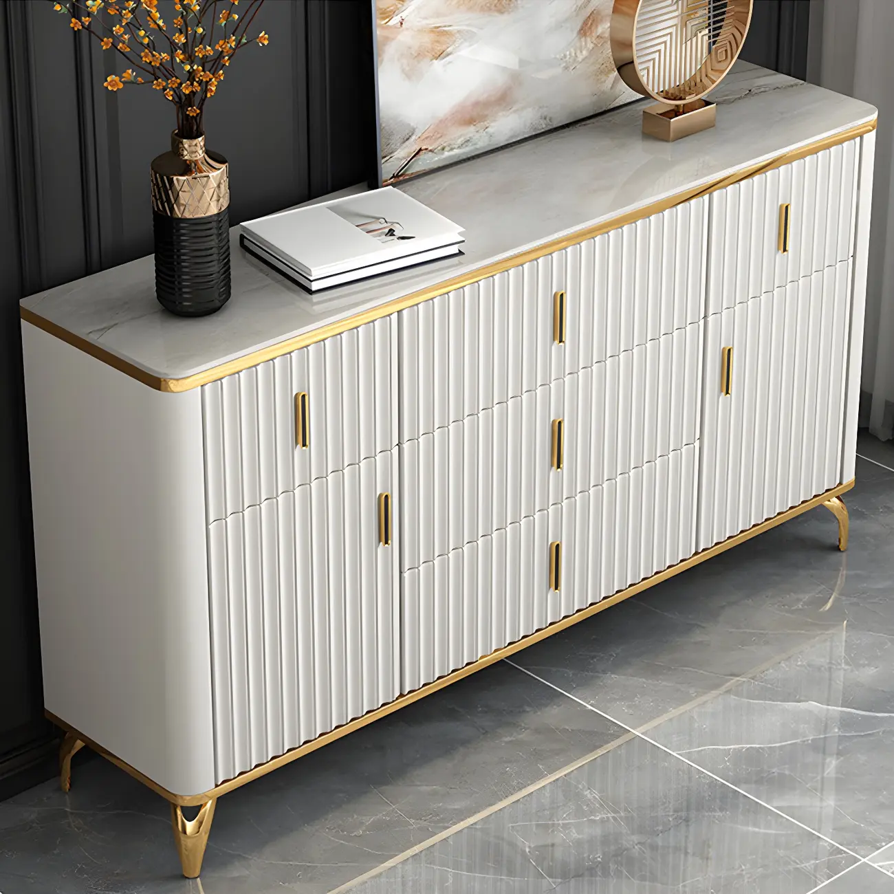 Elegant Gray Wooden Dressers & Chests with Gold Handles Image - 3 | homeyfad
