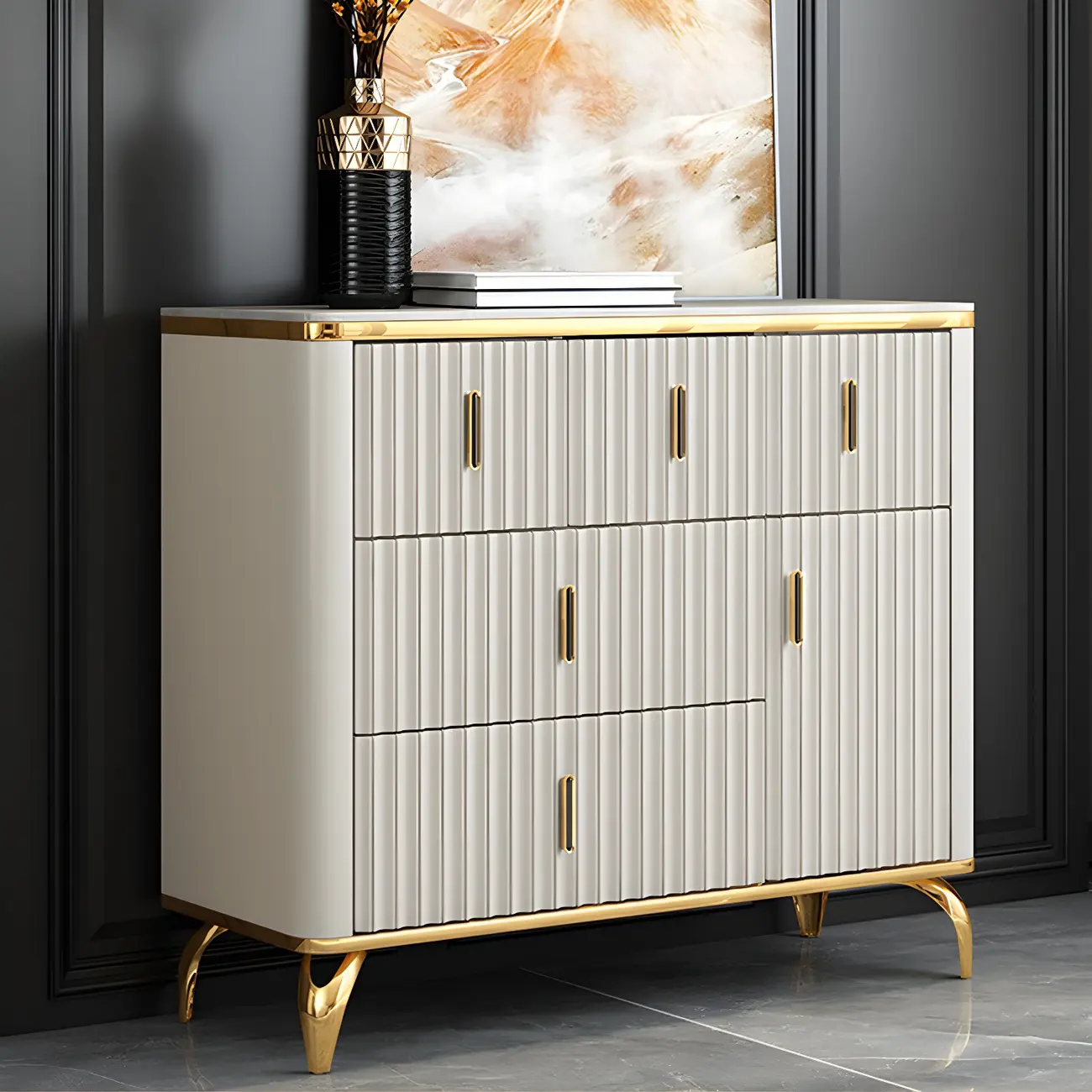 Elegant Gray Wooden Dressers & Chests with Gold Handles Image - 2 | homeyfad