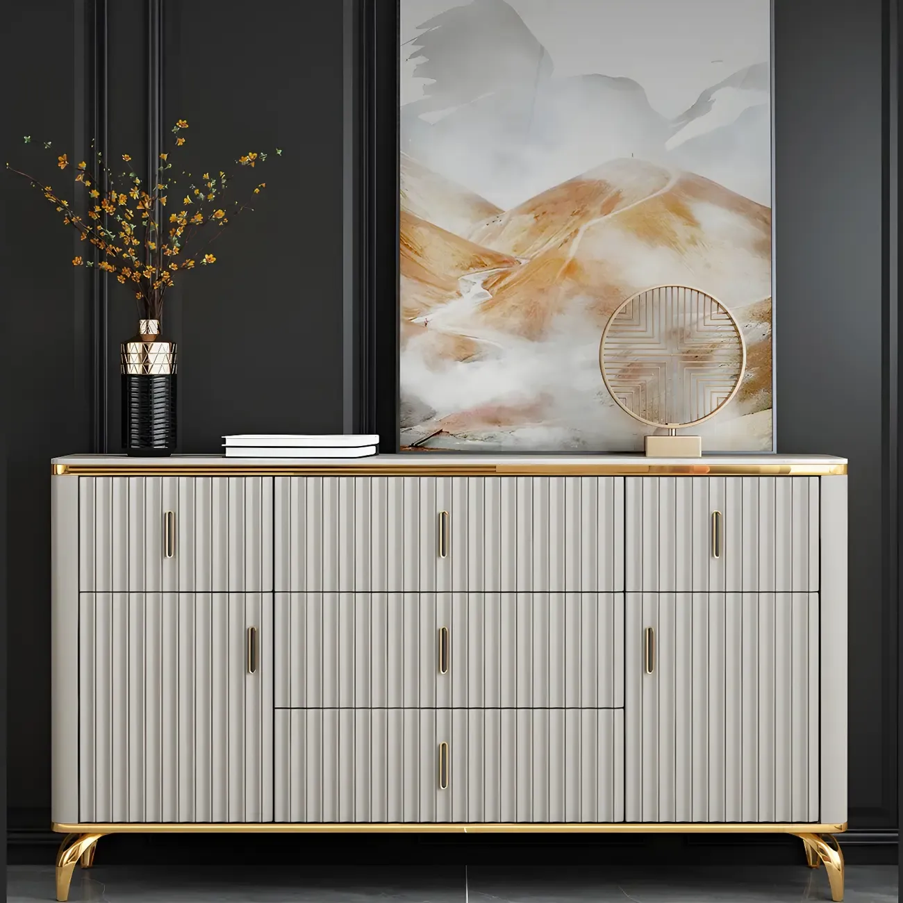 Elegant Gray Wooden Dressers & Chests with Gold Handles Image - 7