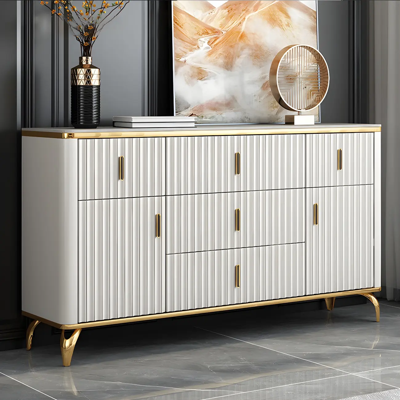Elegant Gray Wooden Dressers & Chests with Gold Handles Image - 1 | homeyfad