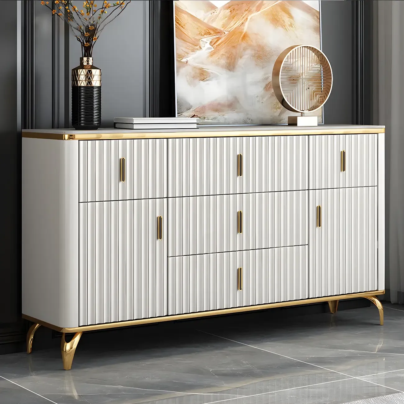Elegant Gray Wooden Dressers & Chests with Gold Handles Image - 1