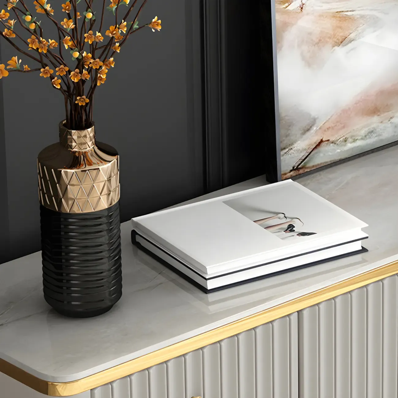 Elegant Gray Wooden Dressers & Chests with Gold Handles Image - 9