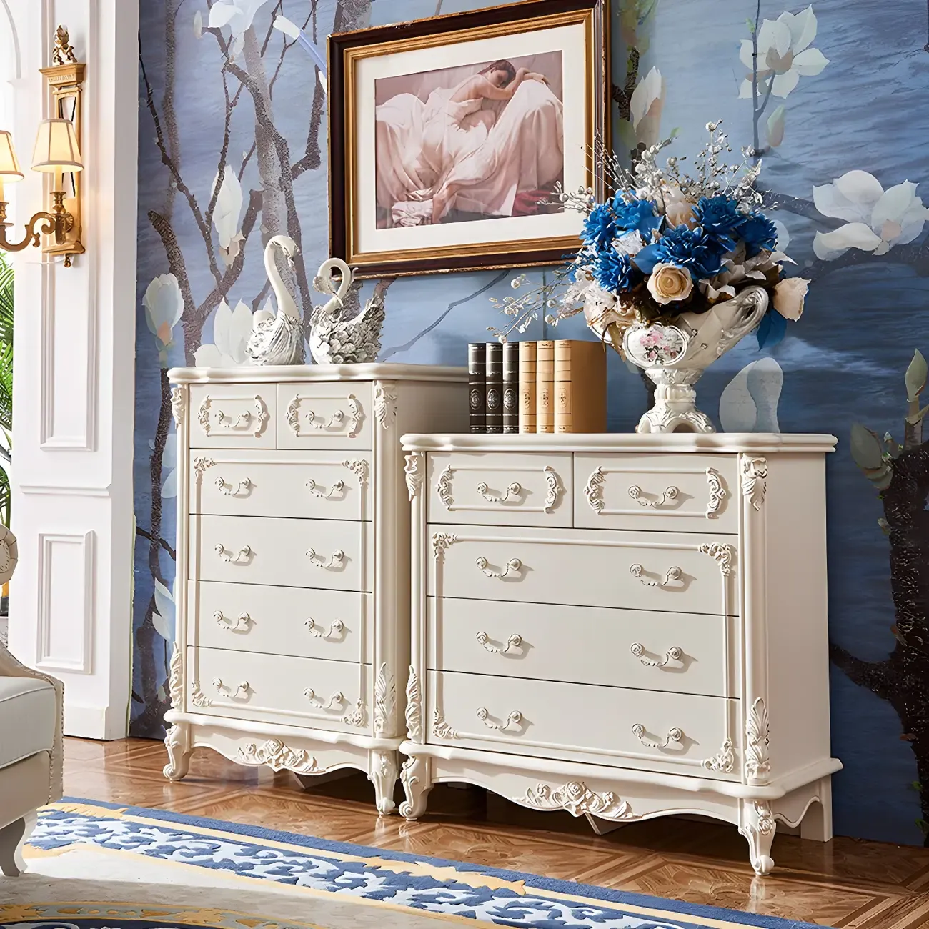 Traditional Glam 5-drawer White Wood Chest for Bedroom Image - 3