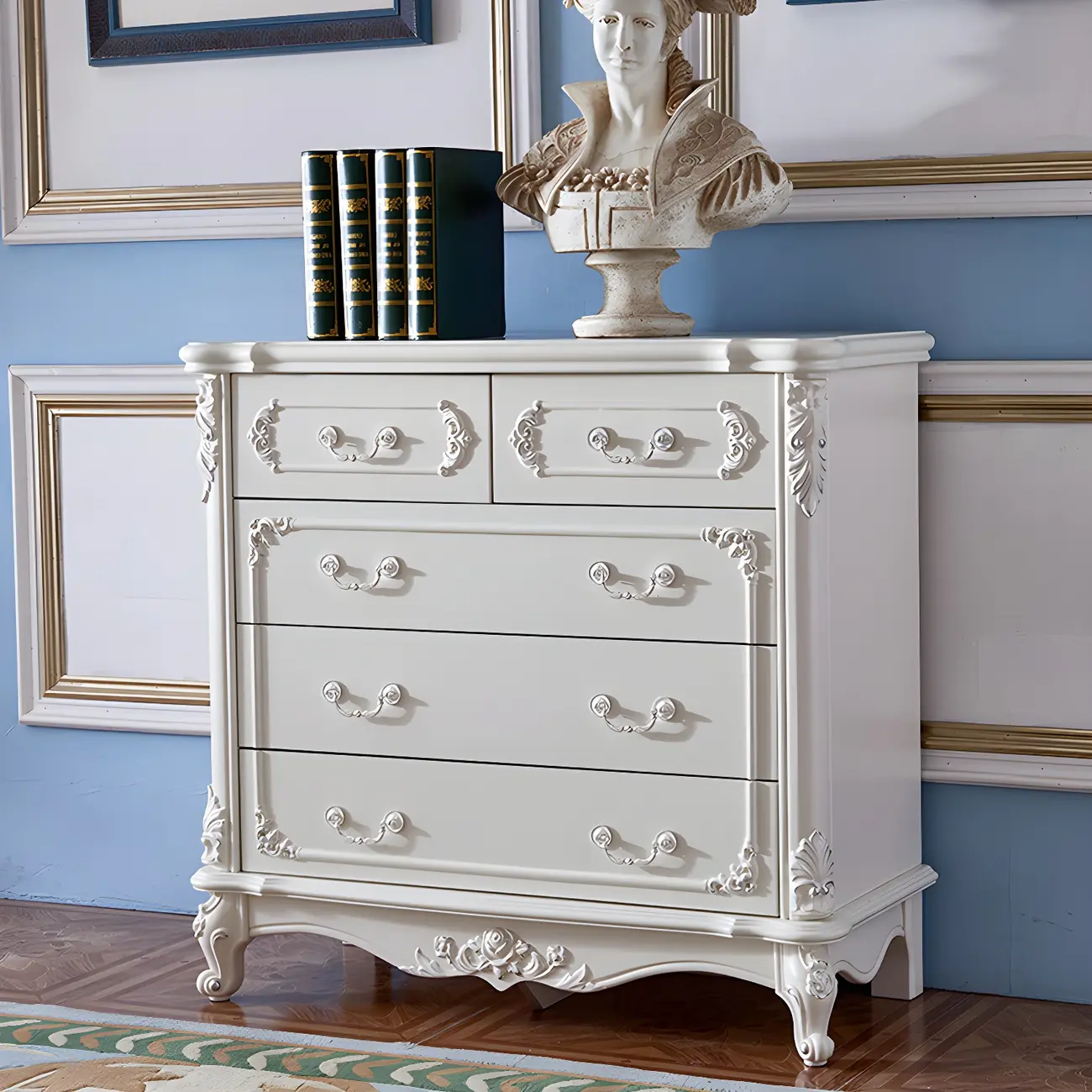 Traditional Glam 5-drawer White Wood Chest for Bedroom Image - 2 | homeyfad