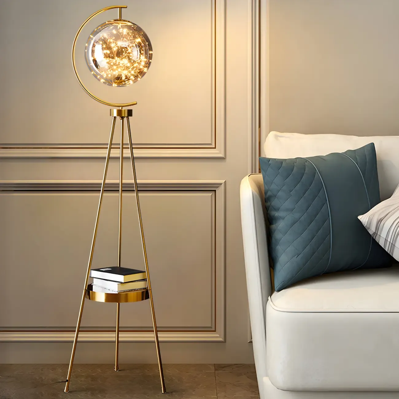 Gold Globe Tripod Floor Lamp with Side Table