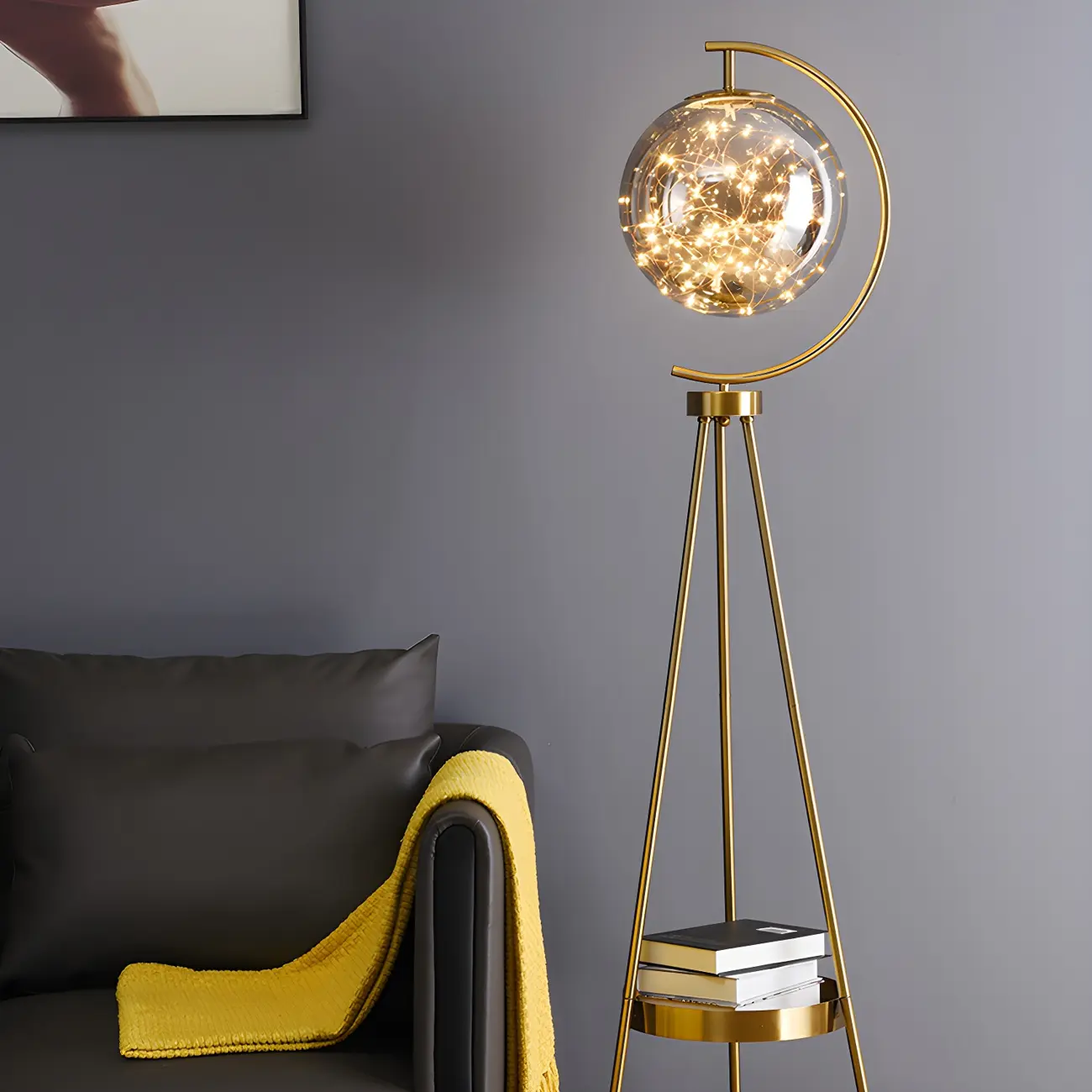 Gold Globe Tripod Floor Lamp with Side Table | homeyfad