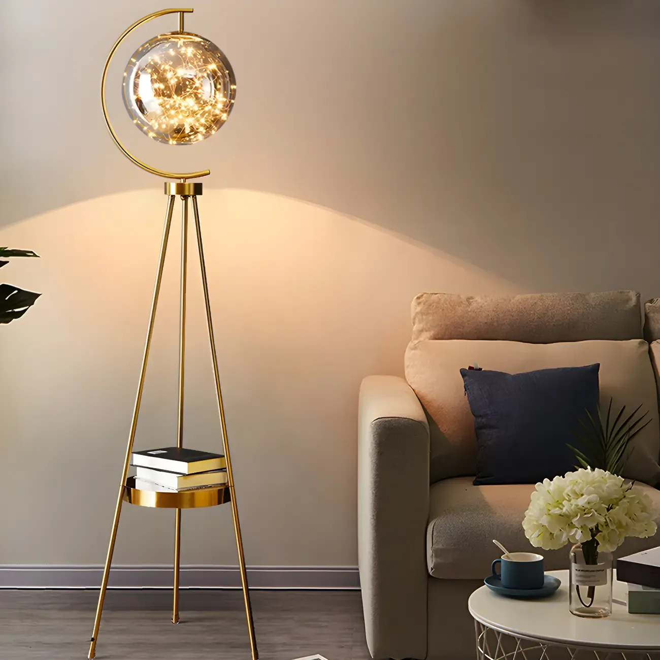 Gold Globe Tripod Floor Lamp with Side Table