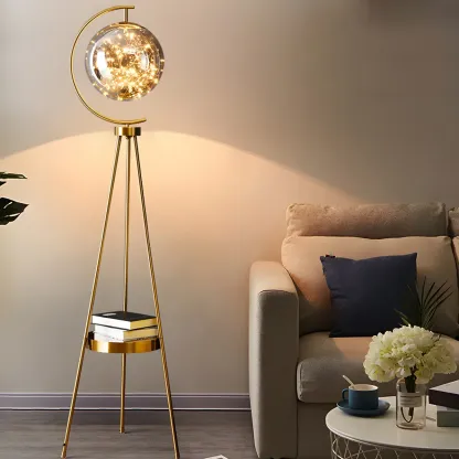 Gold Globe Tripod Floor Lamp with Side Table
