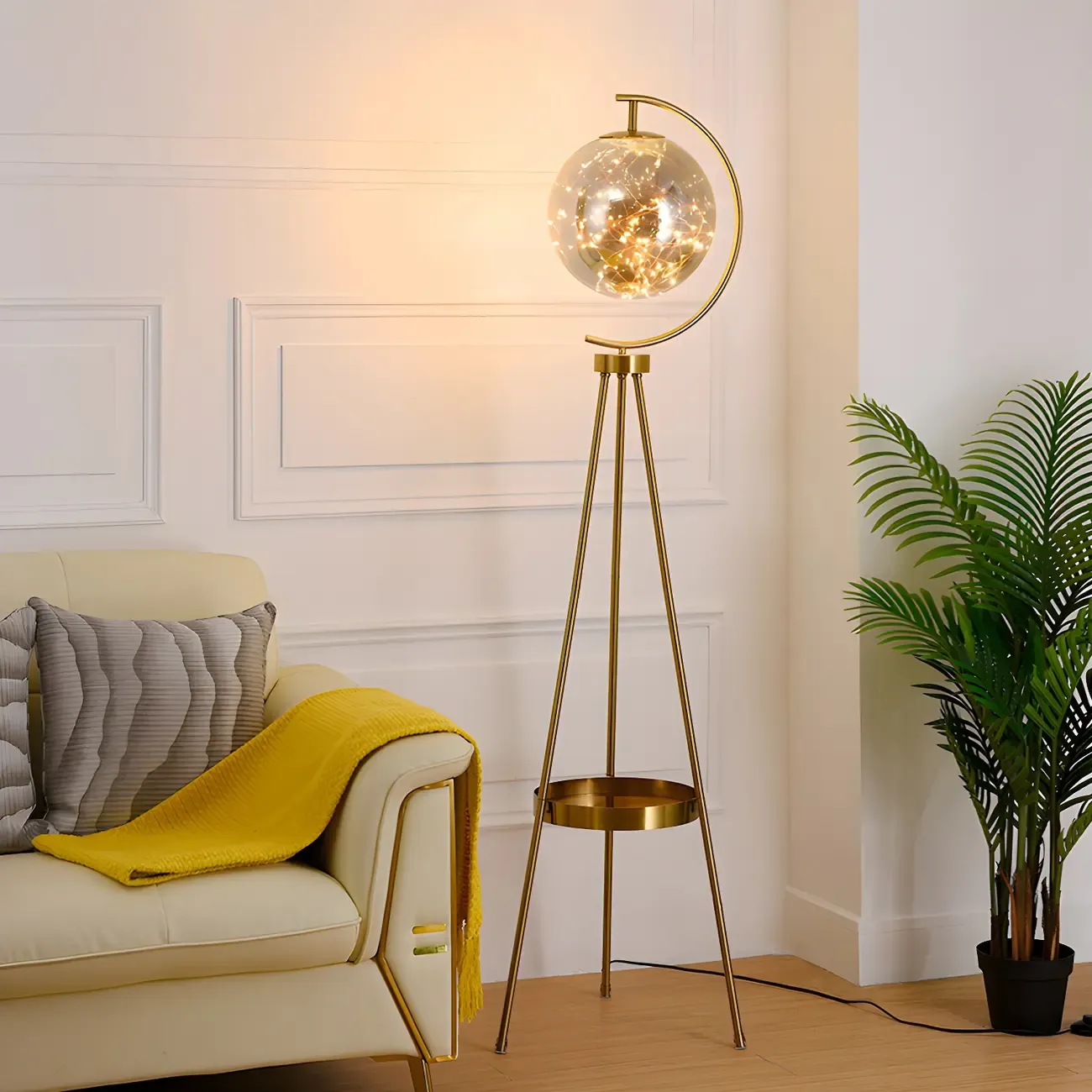 Gold Globe Tripod Floor Lamp with Side Table