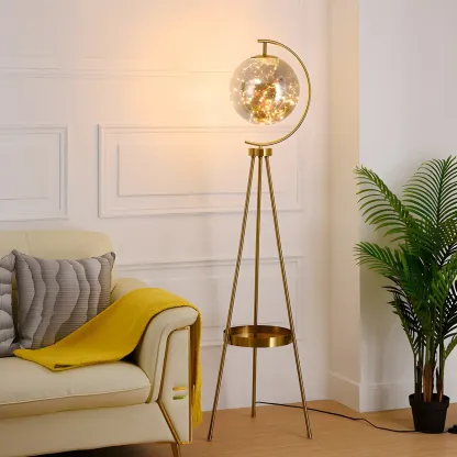 Gold Globe Tripod Floor Lamp with Side Table