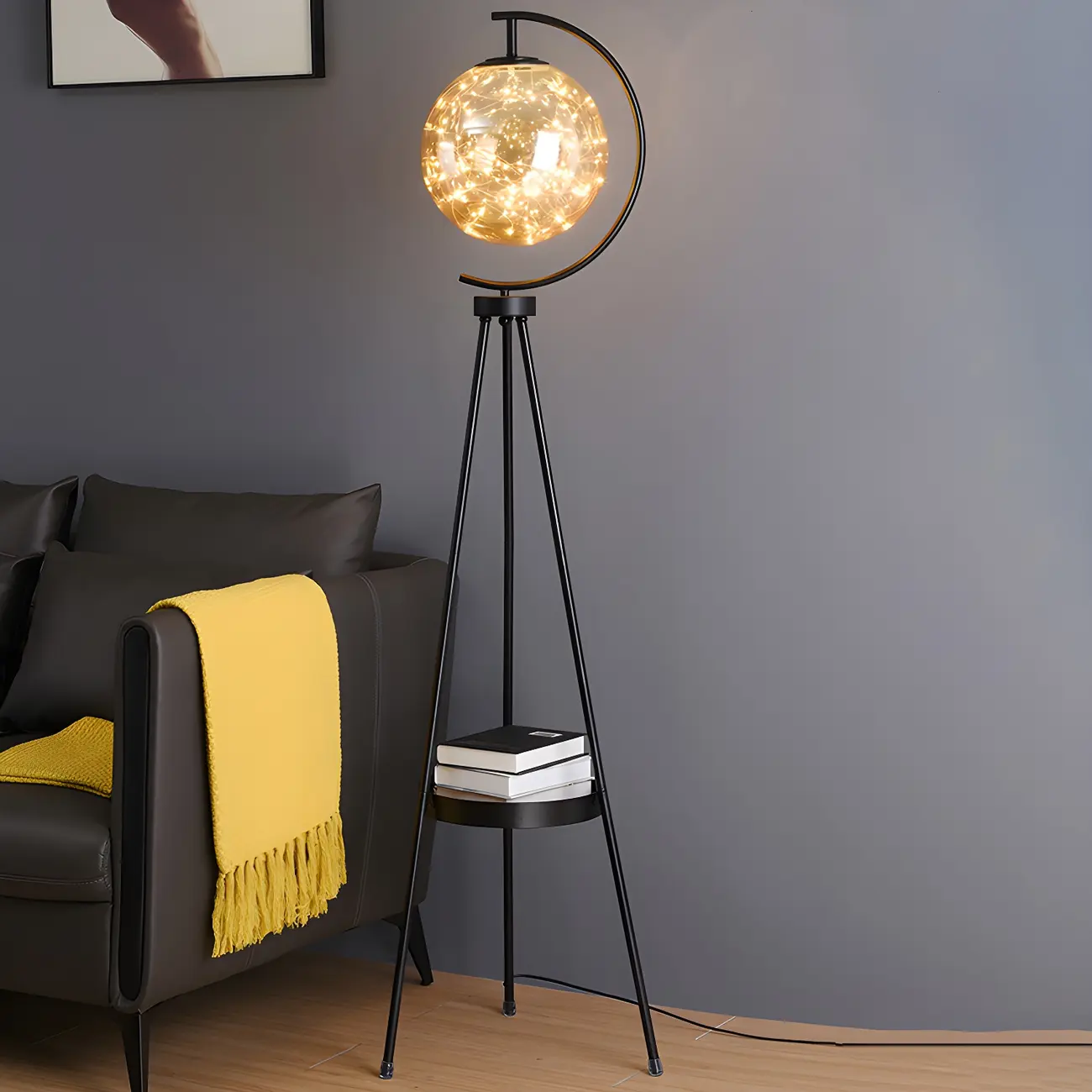 Gold Globe Tripod Floor Lamp with Side Table | homeyfad