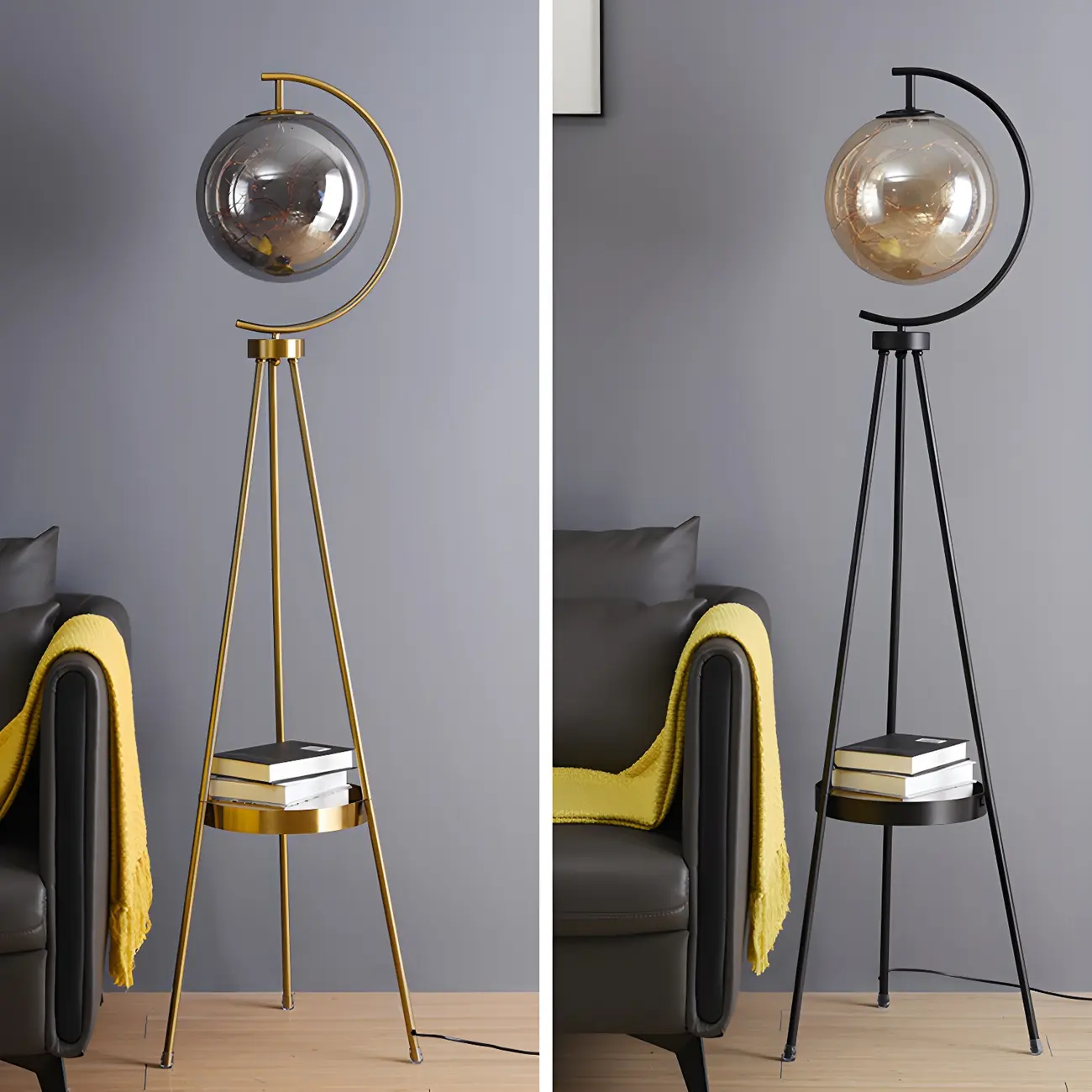 Gold Globe Tripod Floor Lamp with Side Table | homeyfad