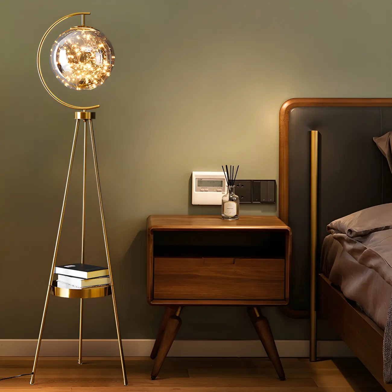 Gold Globe Tripod Floor Lamp with Side Table | homeyfad