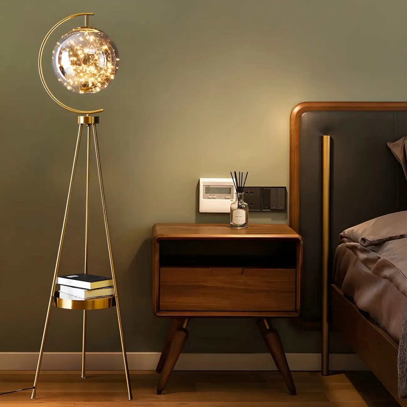 Gold Globe Tripod Floor Lamp with Side Table