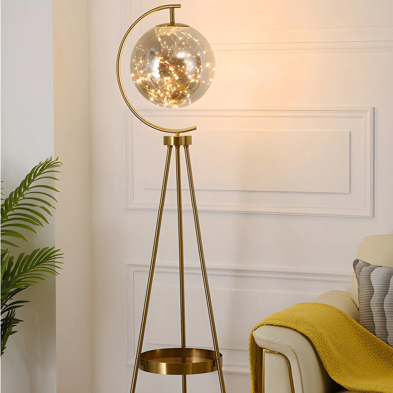 Gold Globe Tripod Floor Lamp with Side Table | homeyfad