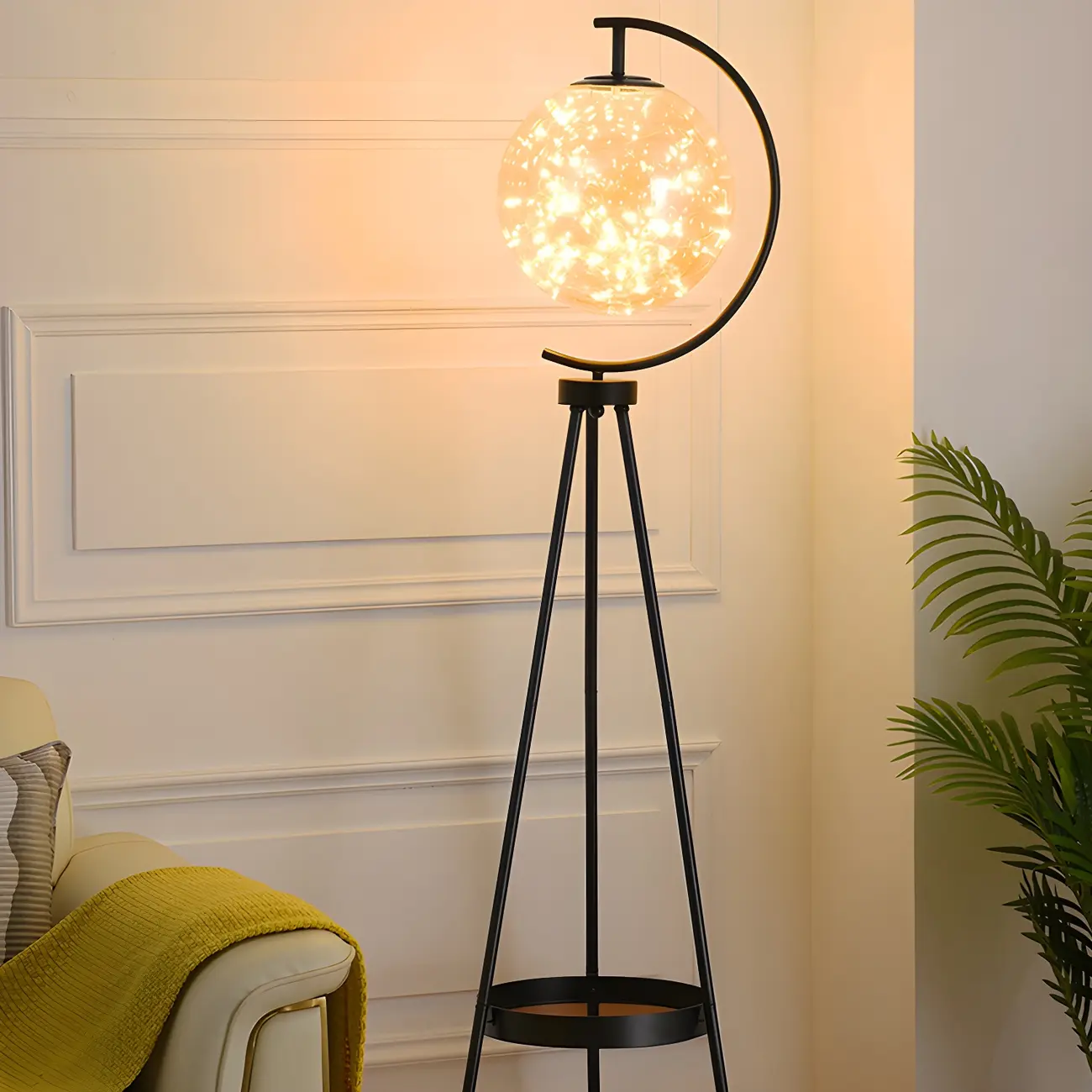 Gold Globe Tripod Floor Lamp with Side Table | homeyfad