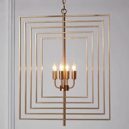Modern Gold Rectangular Metal Cage Chandelier Image - 2
