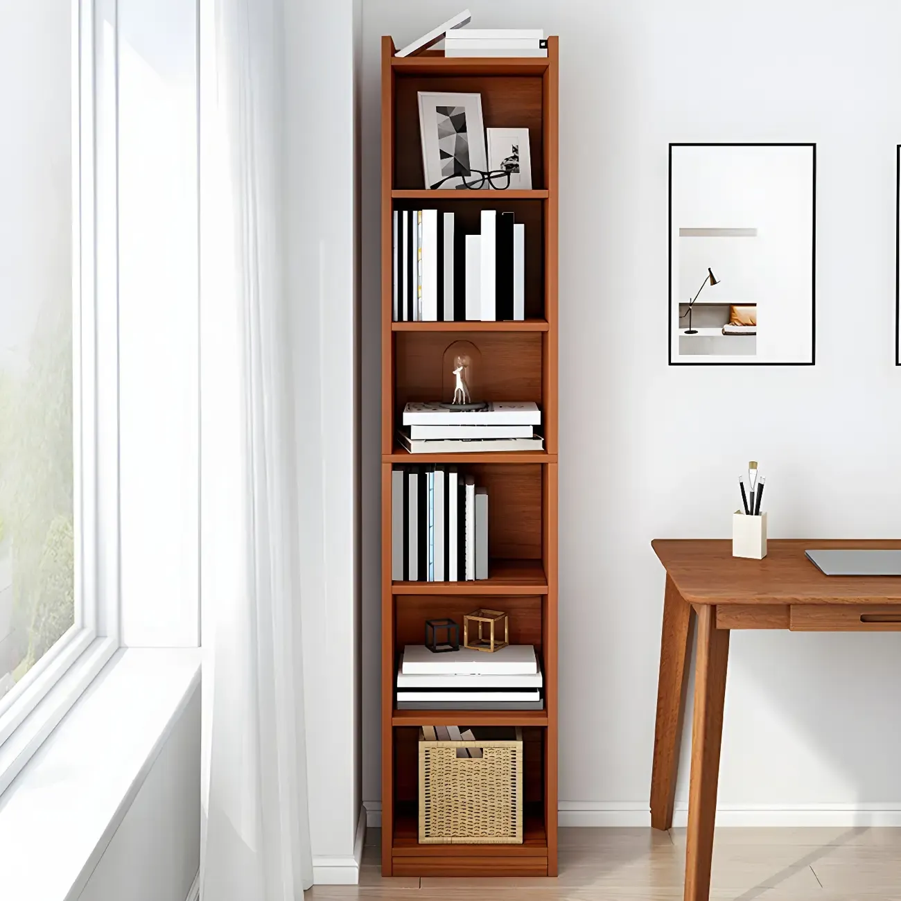Vertical Tall Natural Wood 5-Shelf Corner Bookcase Image - 1