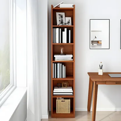 Vertical Tall Natural Wood 5-Shelf Corner Bookcase Image - 1