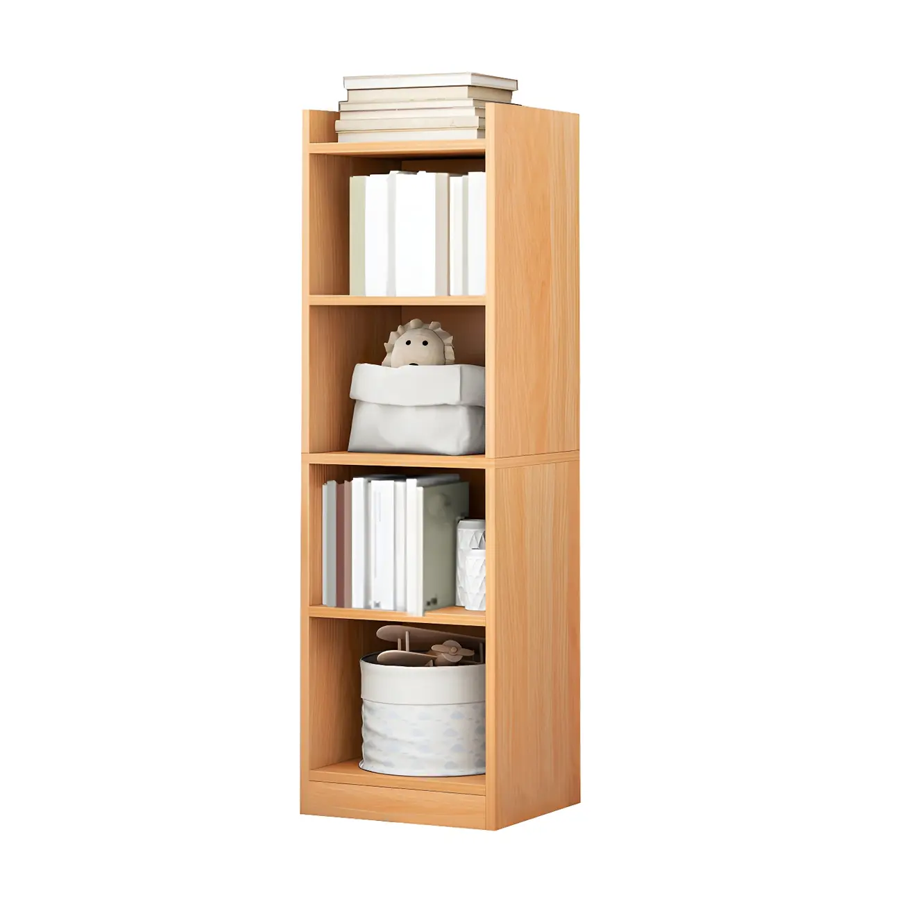 Vertical Tall Natural Wood 5-Shelf Corner Bookcase Image - 4 | homeyfad