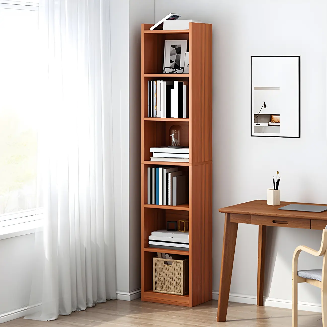Vertical Tall Natural Wood 5-Shelf Corner Bookcase Image - 3 | homeyfad