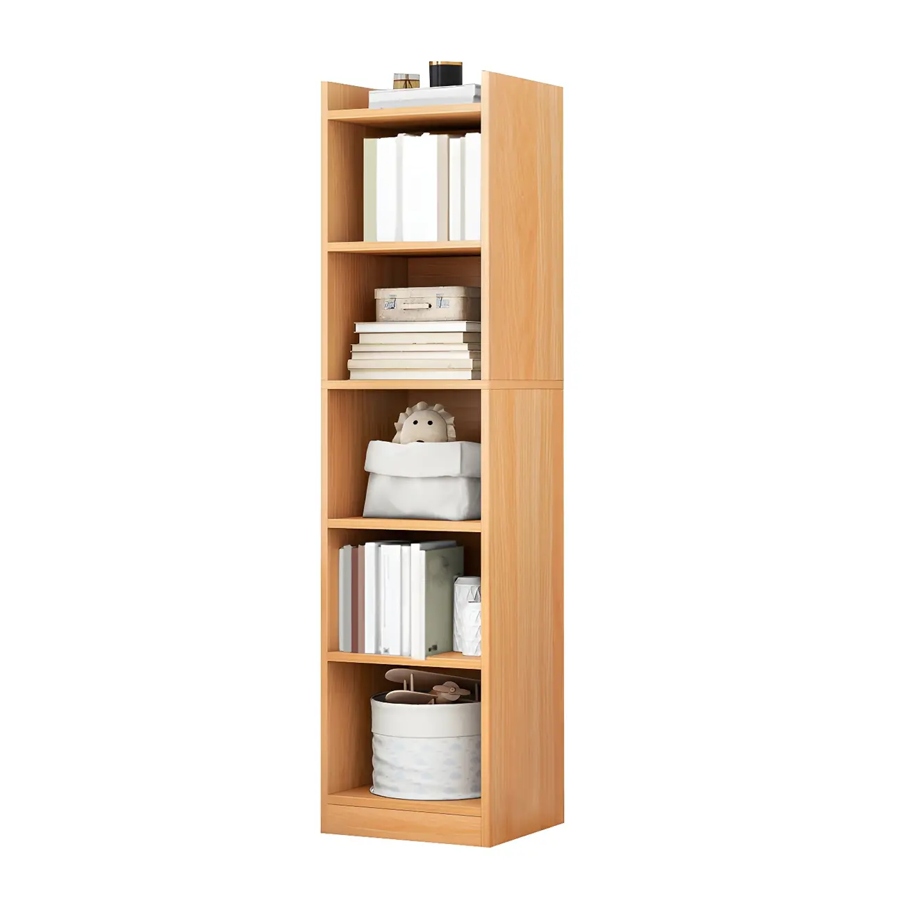Vertical Tall Natural Wood 5-Shelf Corner Bookcase Image - 5 | homeyfad