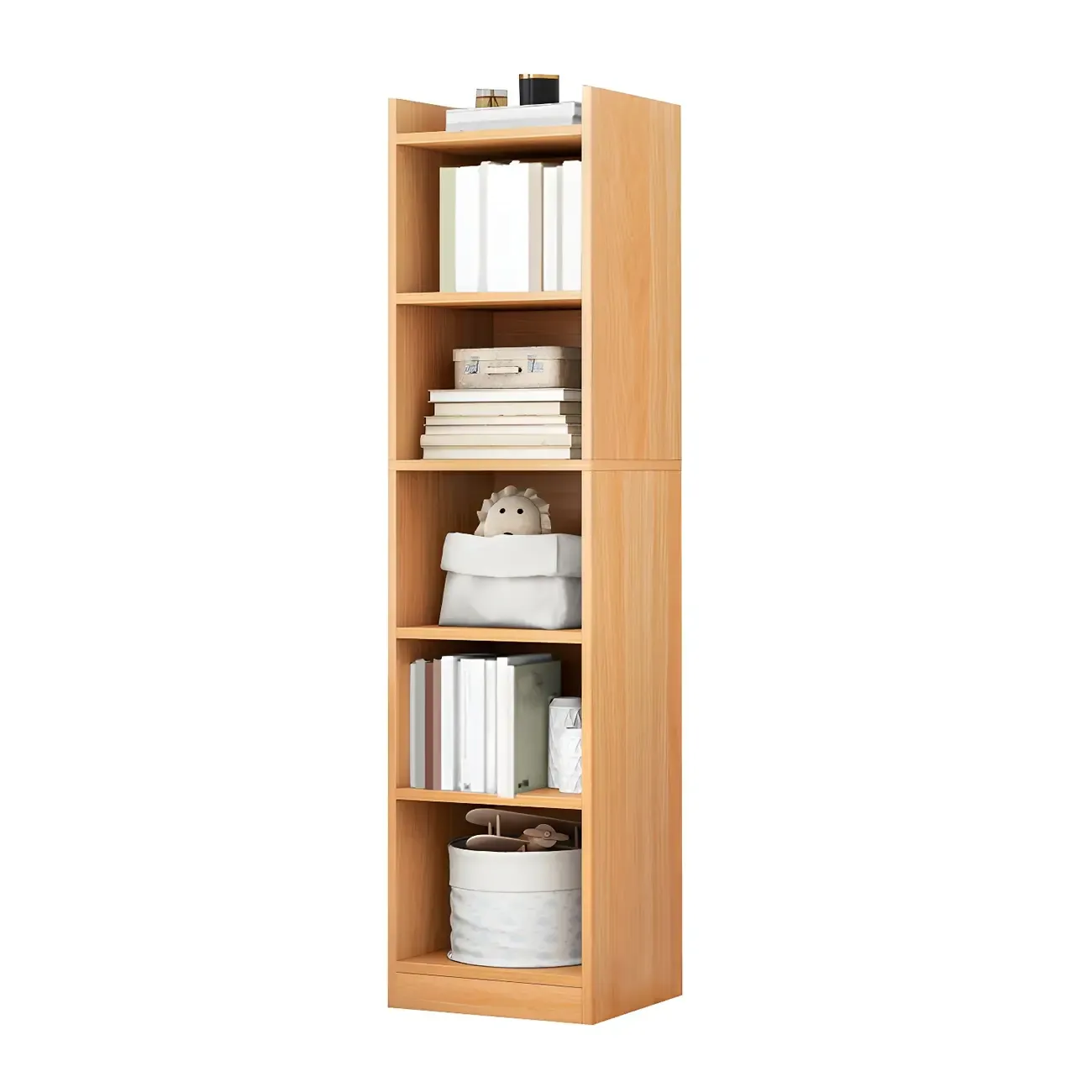 Vertical Tall Natural Wood 5-Shelf Corner Bookcase Image - 5