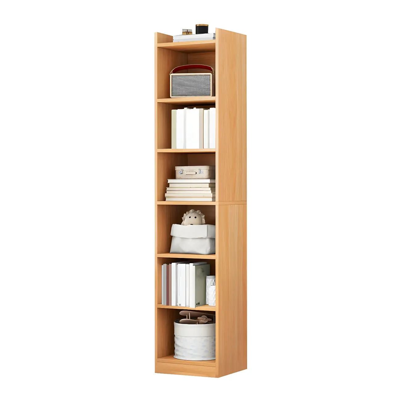 Vertical Tall Natural Wood 5-Shelf Corner Bookcase Image - 6 | homeyfad
