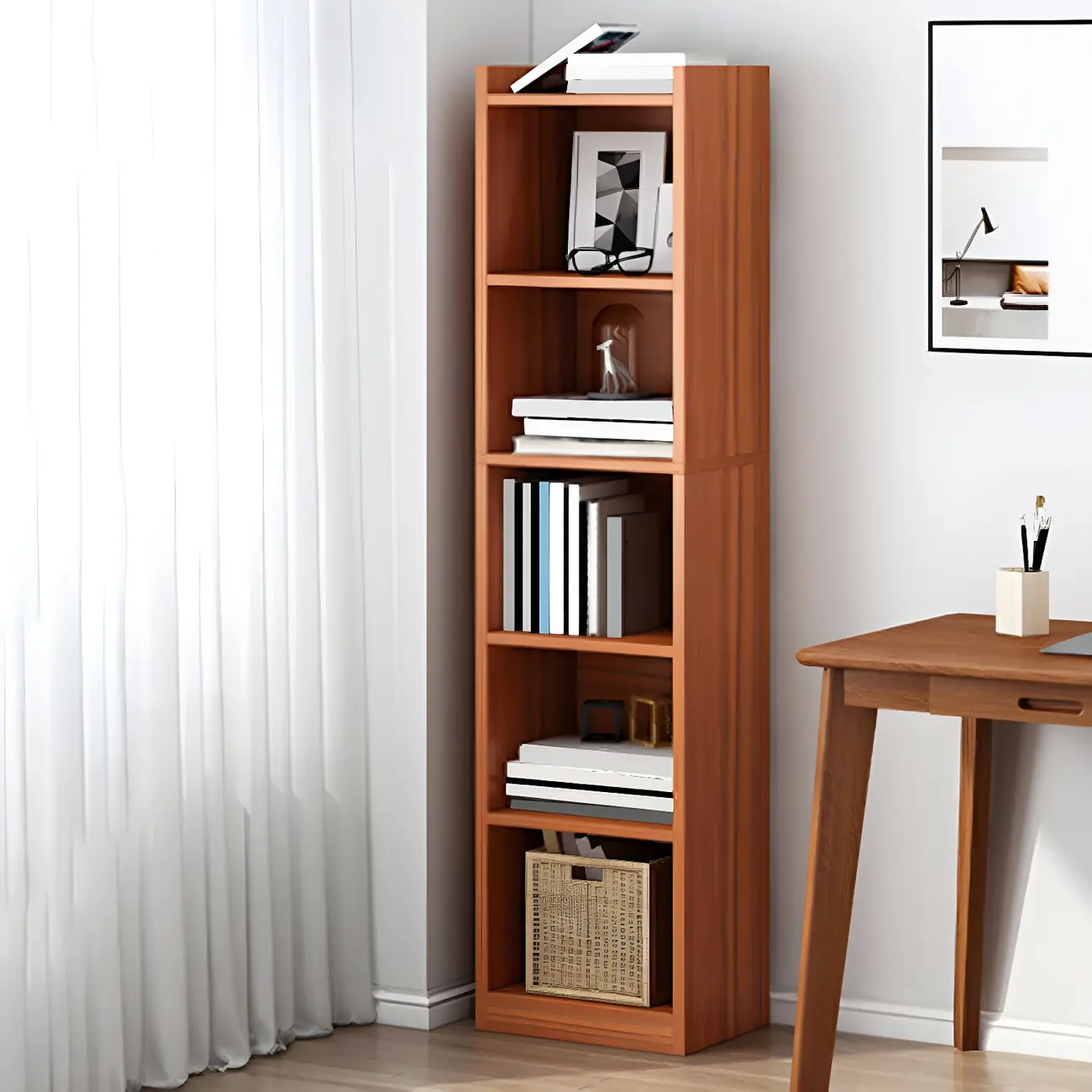 Vertical Tall Natural Wood 5-Shelf Corner Bookcase Image - 7 | homeyfad