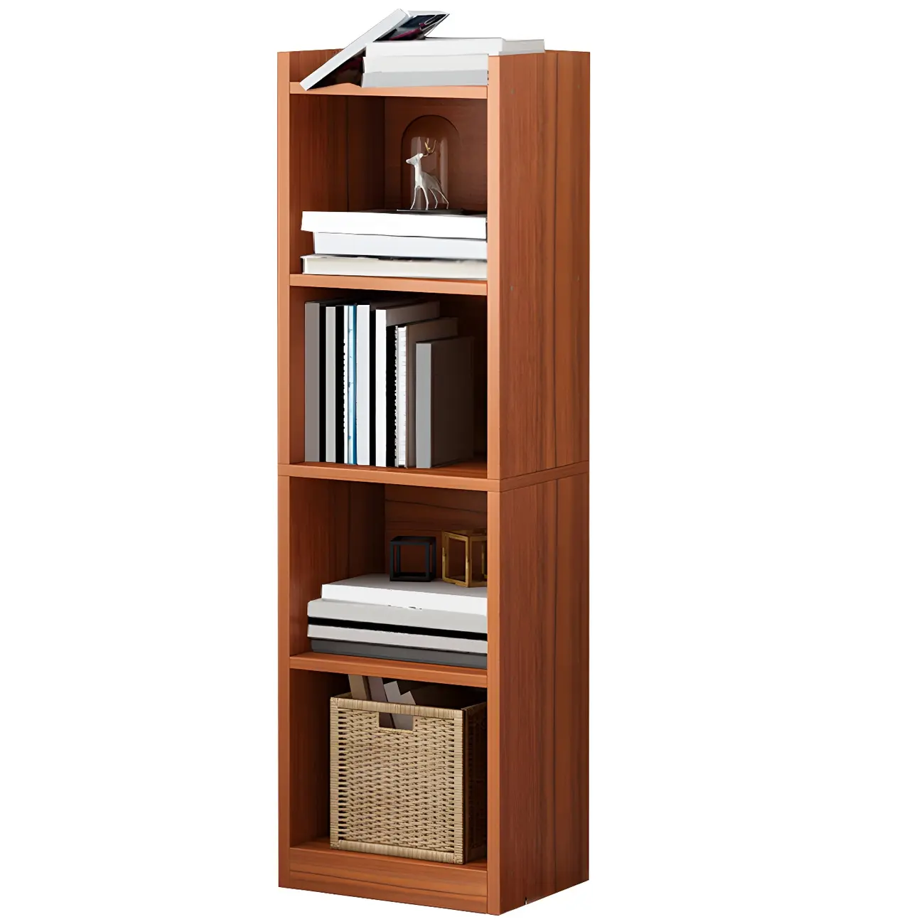 Vertical Tall Natural Wood 5-Shelf Corner Bookcase Image - 12 | homeyfad