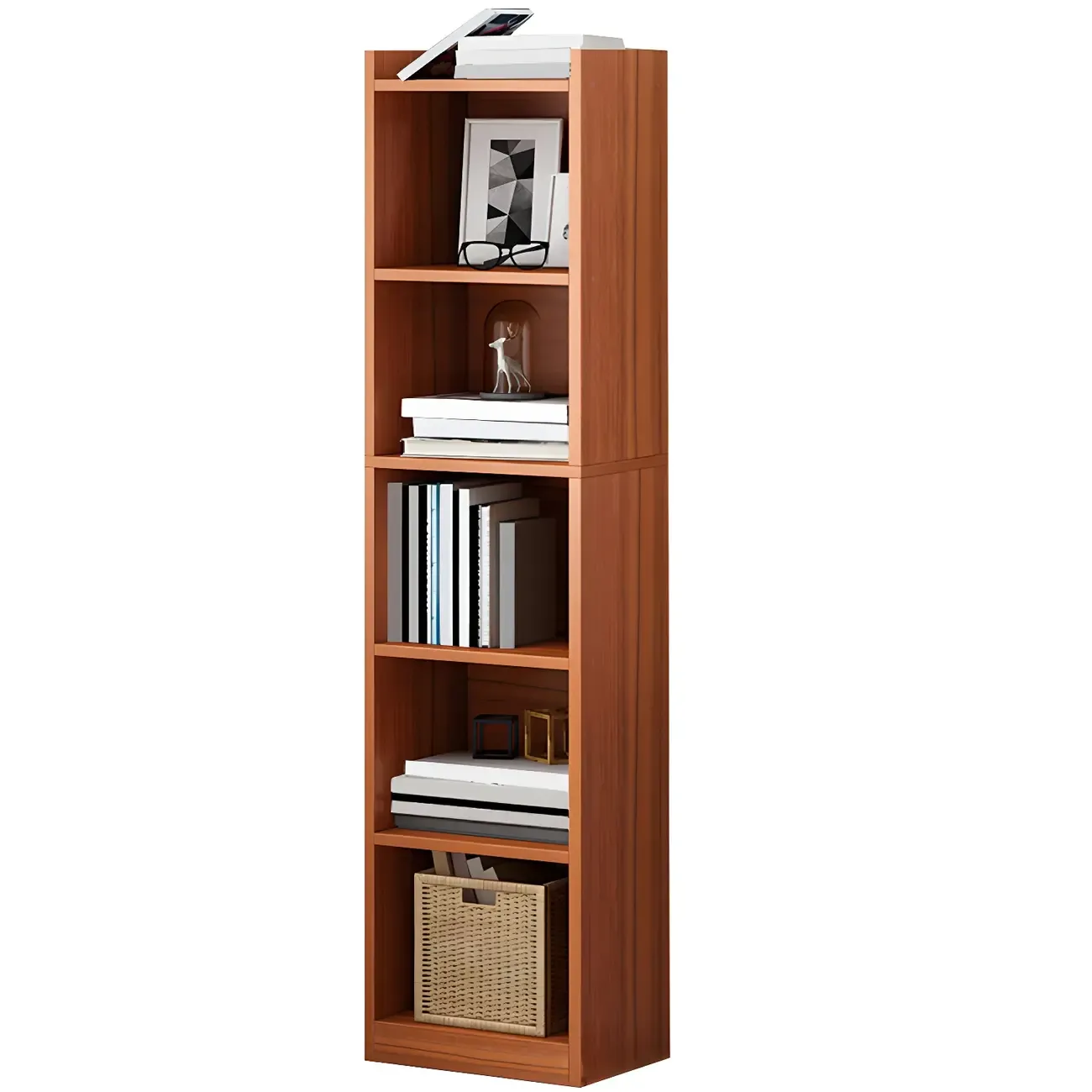 Vertical Tall Natural Wood 5-Shelf Corner Bookcase Image - 14