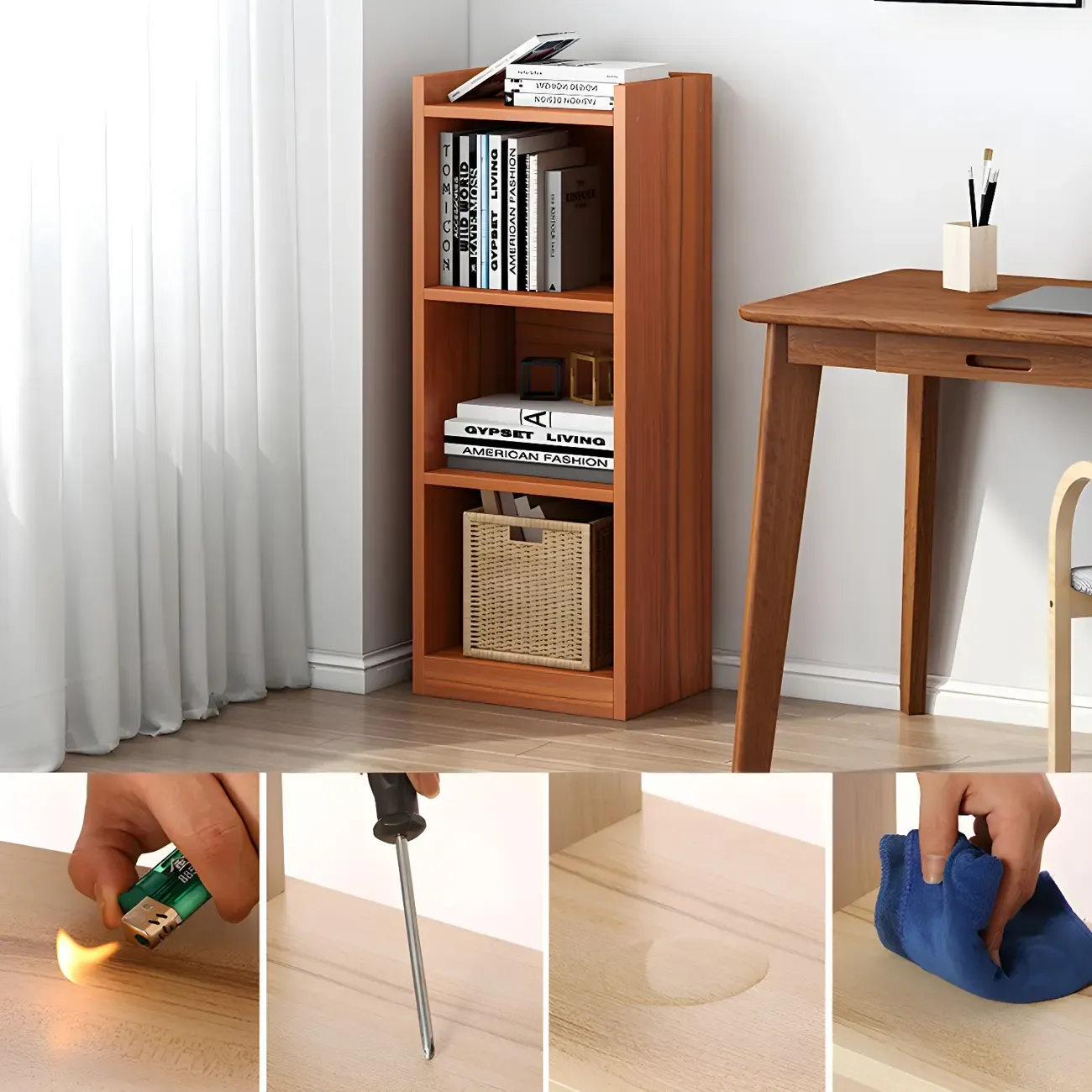 Vertical Tall Natural Wood 5-Shelf Corner Bookcase Image - 15