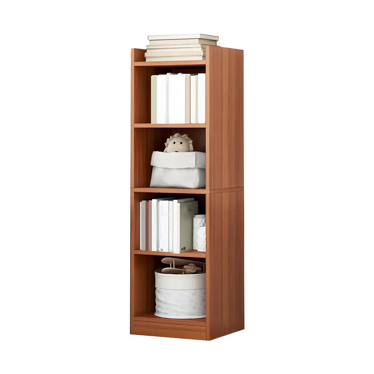 Vertical Tall Natural Wood 5-Shelf Corner Bookcase Image - 17